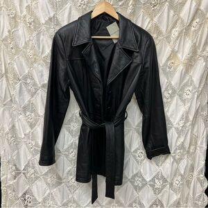 VIntage Black Leather Medium Length Trench Coat with Belt / Medium